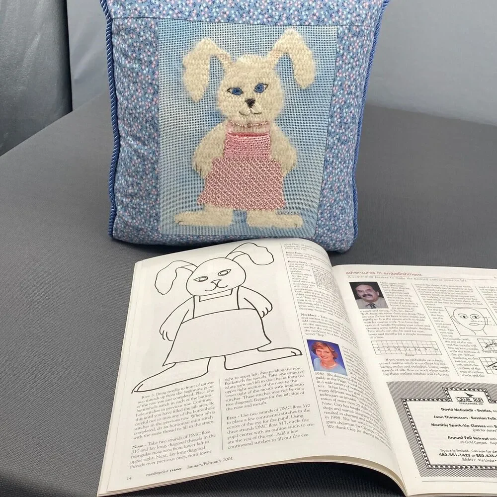 VTG Tooth Fairy Pillow Handmade Bunny Rabbit Needlepoint w Pattern Magazine OOAK